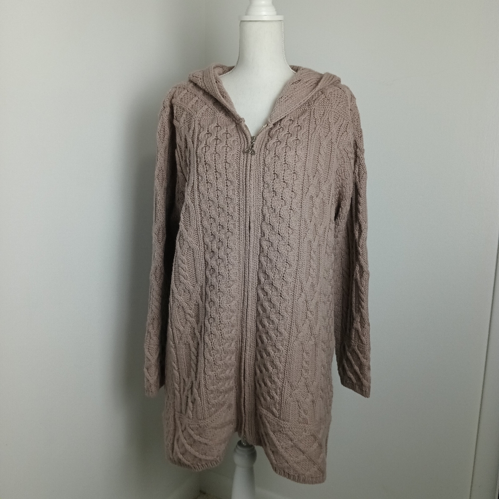 Aran Crafts Hooded Coat with Celtic Knot Zipper Wool Cable Knit Oatmeal Medium